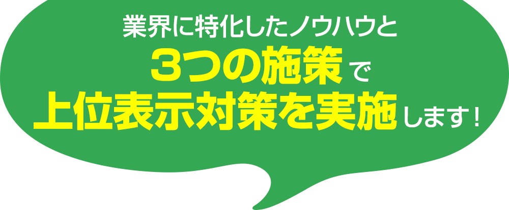 業界に特化したノウハウと3つの施策で上位表⽰対策を実施します!